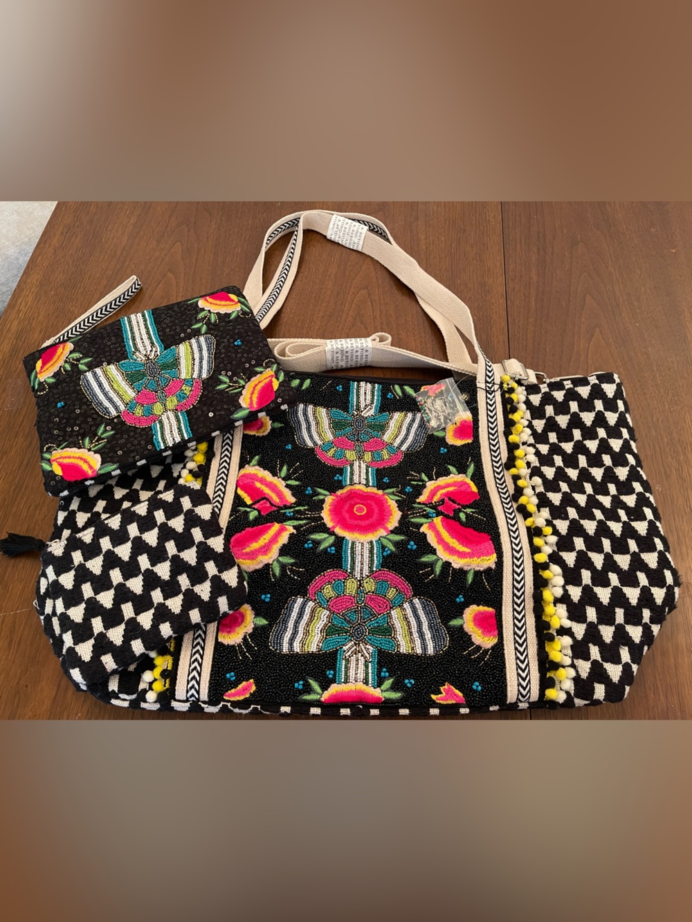 NWT America and Beyond Embroidered Black Floral Tote Bag with Accent Pom Trim - Picture 3 of 15